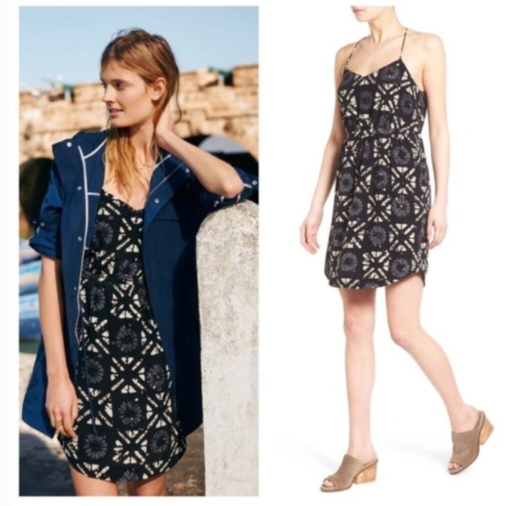 New Madewell Starview batik abstract geometric grid silk dainty strap minidress